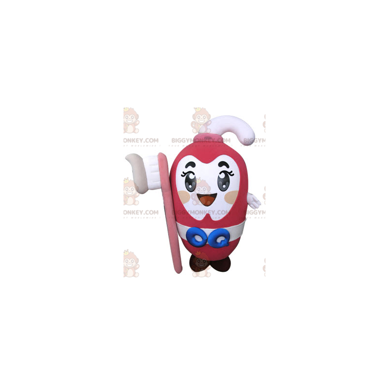 Creme dental rosa BIGGYMONKEY™ fantasia de mascote segurando a Creme dental rosa BIGGYMONKEY™ fantasia de mascote segurando a