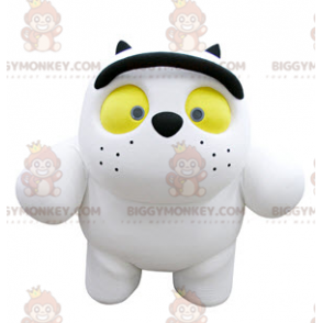 Traje de mascote de gato branco grande com olhos amarelos