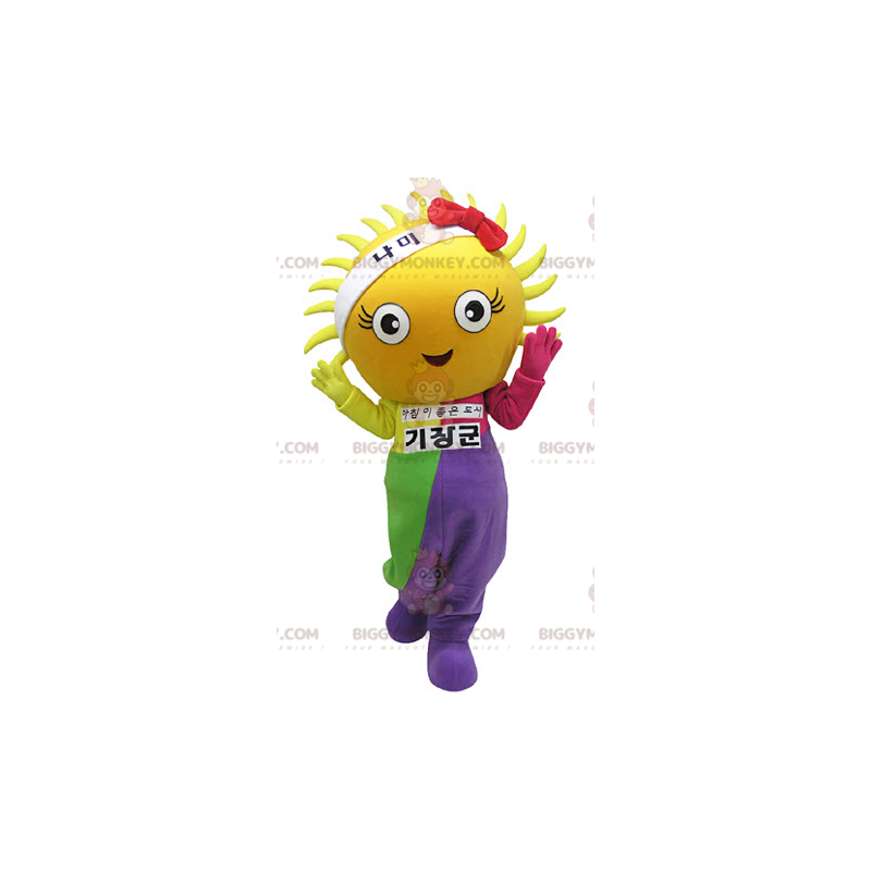 Disfraz de mascota gigante Yellow Sun BIGGYMONKEY™ vestido con Disfraz de mascota gigante Yellow Sun BIGGYMONKEY™ vestido con