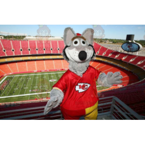 BIGGYMONKEY™ Gray Wolf Mascot Costume Dressed in Red –