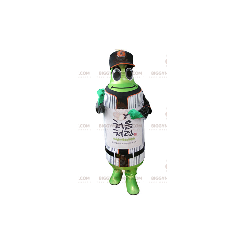 Costume de mascotte BIGGYMONKEY™ de bouteille verte en tenue de Costume de mascotte BIGGYMONKEY™ de bouteille verte en tenue de