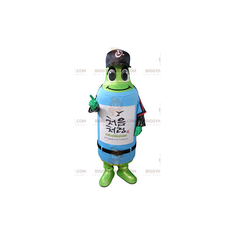 Costume de mascotte BIGGYMONKEY™ de bouteille verte en tenue de Costume de mascotte BIGGYMONKEY™ de bouteille verte en tenue de