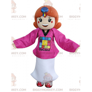 Redhead girl BIGGYMONKEY™ mascot costume dressed in pink and