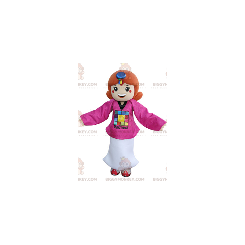 Roodharige meisje BIGGYMONKEY™ mascotte kostuum gekleed in roze Roodharige meisje BIGGYMONKEY™ mascotte kostuum gekleed in roze