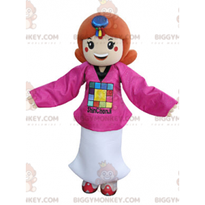 Disfraz de mascota BIGGYMONKEY™ de chica pelirroja vestido con un traje rosa y blanco - BiggyMonkey.com
