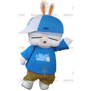 Costume de mascotte BIGGYMONKEY™ de lapin blanc très amusant en tenue de hip-hop - Mascotte de lapins - BiggyMonkey.com