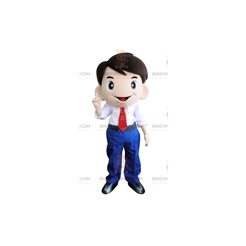 Traje de mascote BIGGYMONKEY™ de homem sorridente em terno de Traje de mascote BIGGYMONKEY™ de homem sorridente em terno de