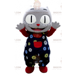 BIGGYMONKEY™ Mascot Costume Gray Cat With Floral Outfit - Cat mascots - BIGGYMONKEY_05071 - BiggyMonkey.com