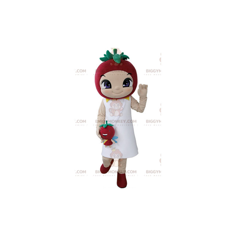 Pige BIGGYMONKEY™ maskotkostume med jordbær på hovedet - Pige BIGGYMONKEY™ maskotkostume med jordbær på hovedet -