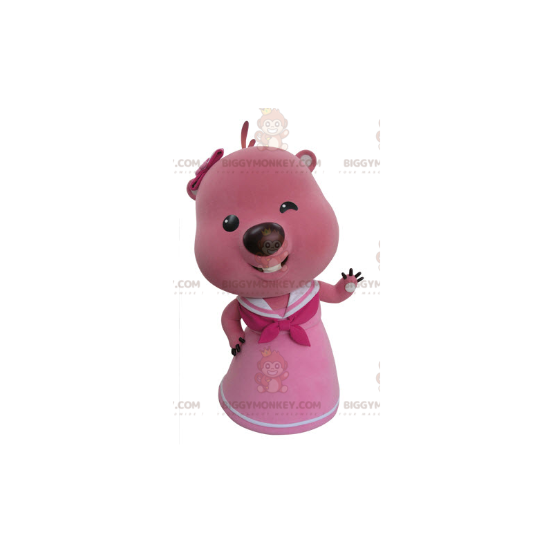 Costume de mascotte BIGGYMONKEY™ de castor rose et blanc. Costume de mascotte BIGGYMONKEY™ de castor rose et blanc.