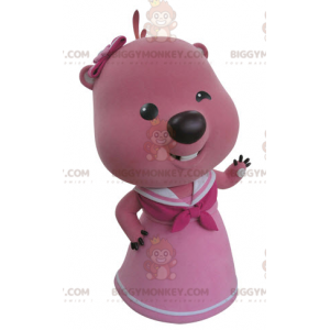 Traje de mascote BIGGYMONKEY™ de castor rosa e branco. Traje de