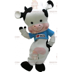 BIGGYMONKEY™ Mascot Costume Black White and Pink Cow with Blue