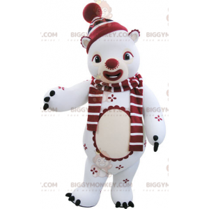 Traje de mascote BIGGYMONKEY™ Urso de pelúcia branco e vermelho