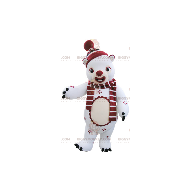 Kostium maskotki BIGGYMONKEY™ biało-czerwony miś w zimowym Kostium maskotki BIGGYMONKEY™ biało-czerwony miś w zimowym
