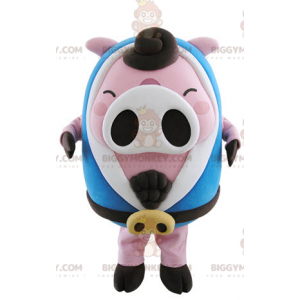 BIGGYMONKEY™ Plump Pink and White Pig Mascot Costume with Blue