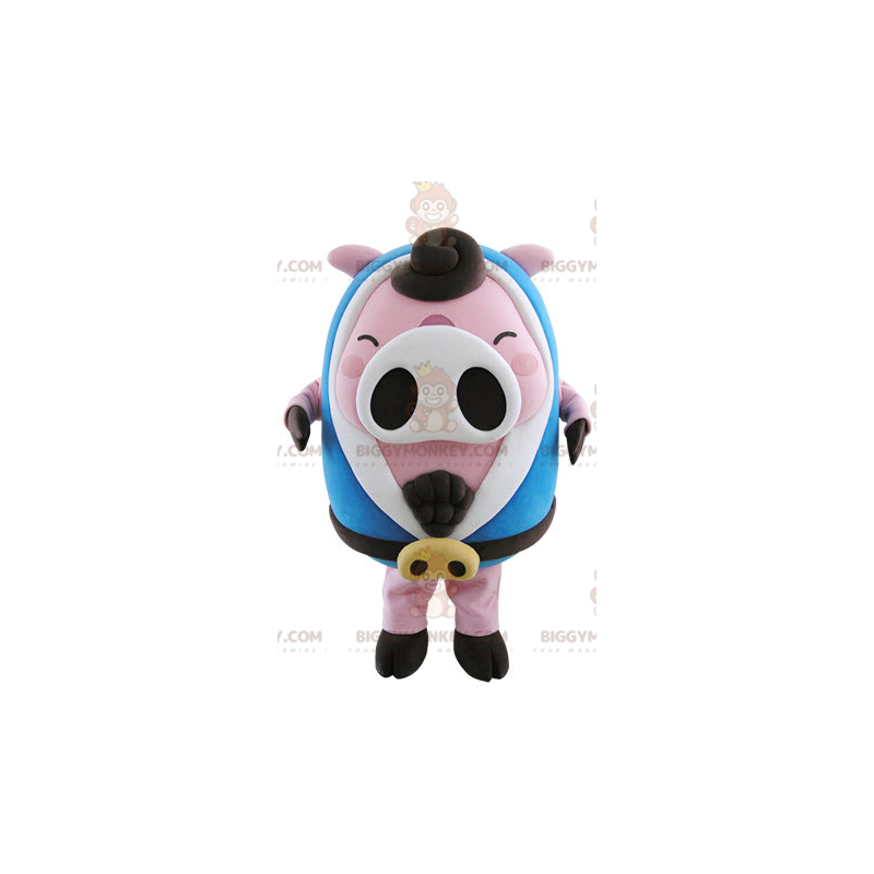BIGGYMONKEY™ Plump pink og hvid grisemaskotkostume med blå badekåbe - Grise-maskoter - BIGGYMONKEY_05192 - BiggyMonkey.com