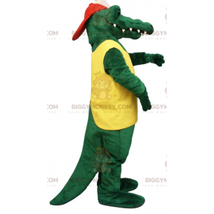 BIGGYMONKEY™ Maskotdräkt av grön krokodil i gul och röd outfit