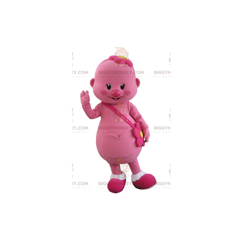 Traje de mascote BIGGYMONKEY™ Pink Man com flor na cabeça –