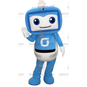 Traje de mascote de TV de tela gigante azul e branco
