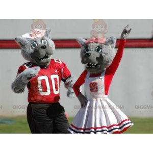 2 BIGGYMONKEY™s mascot gray wolves dressed in red and white -