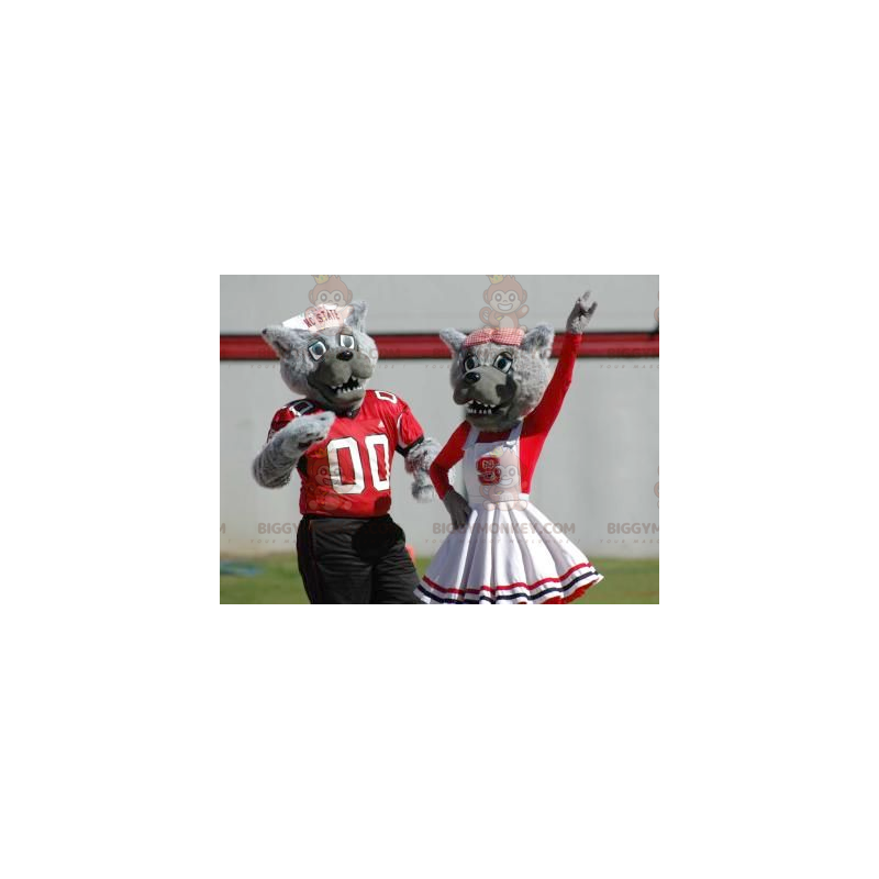 2 BIGGYMONKEY's mascotte grijze wolven gekleed in rood en wit - 2 BIGGYMONKEY's mascotte grijze wolven gekleed in rood en wit -