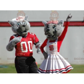 2 lobos cinzentos mascote do BIGGYMONKEY™ vestidos de vermelho