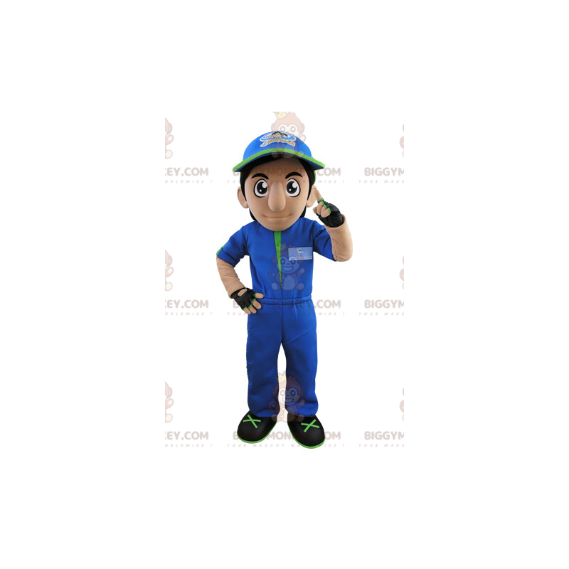 Costume de mascotte BIGGYMONKEY™ d'homme en bleu de travail Costume de mascotte BIGGYMONKEY™ d'homme en bleu de travail