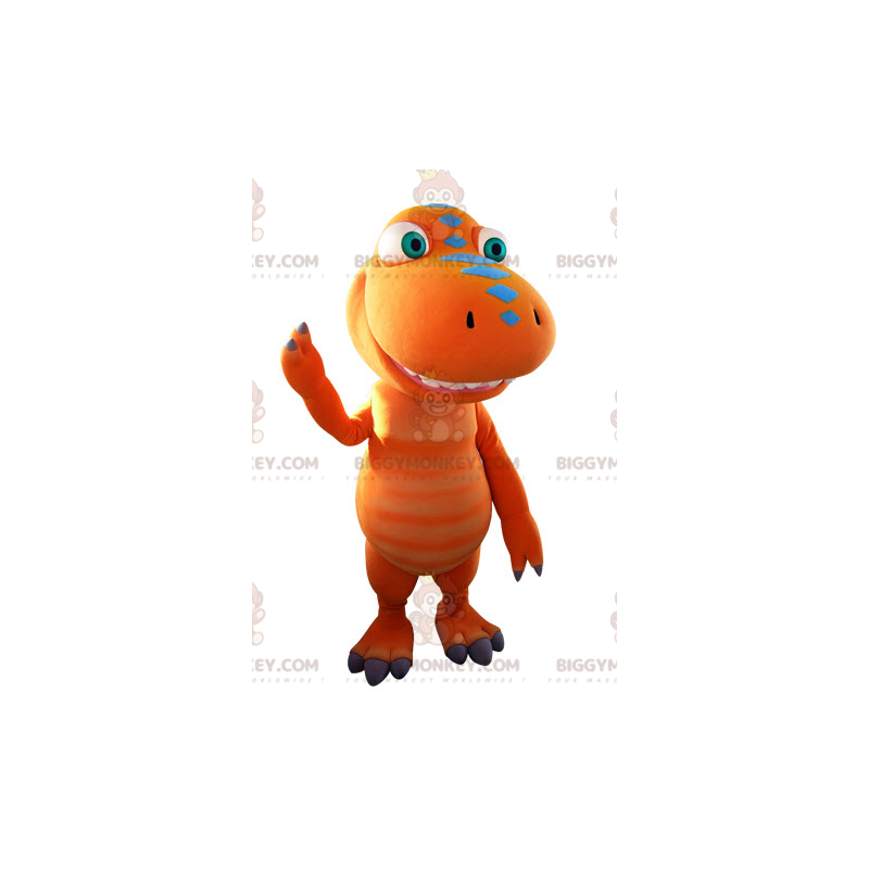 Fantasia de mascote de dinossauro gigante laranja e azul Fantasia de mascote de dinossauro gigante laranja e azul
