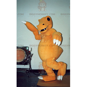 Traje de mascote BIGGYMONKEY™ de dinossauro laranja e branco muito realista e assustador - BiggyMonkey.com
