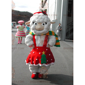 Hvidt får BIGGYMONKEY™ maskotkostume klædt i julerød kjole -