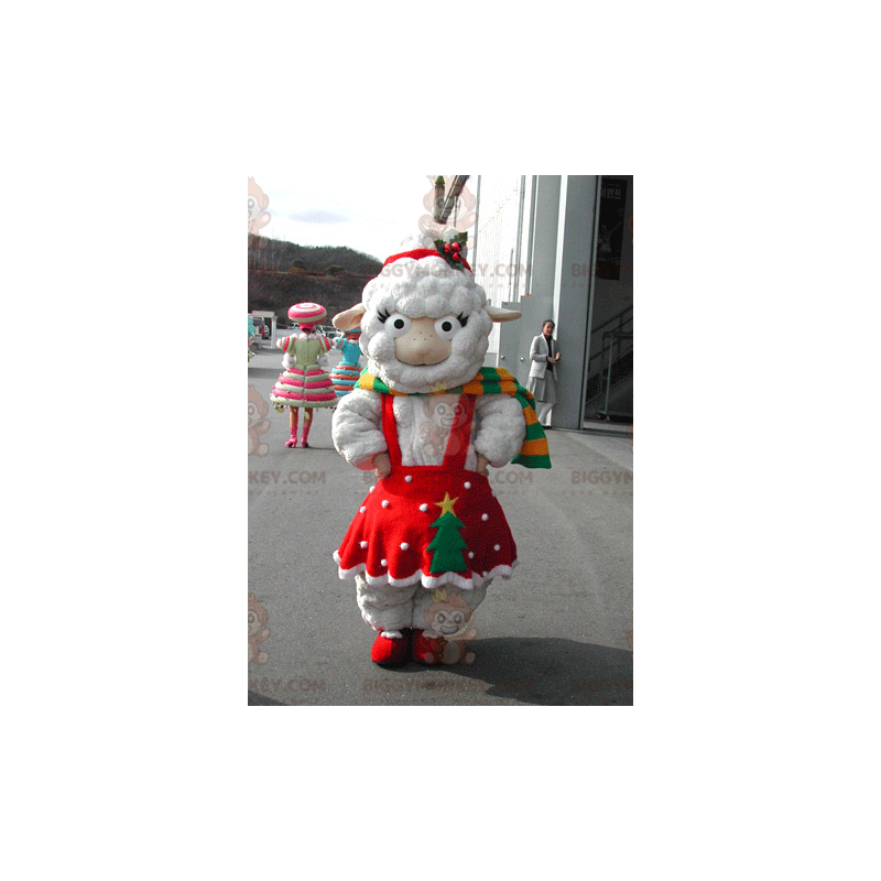 Costume de mascotte BIGGYMONKEY™ de mouton blanc habillé d'une Costume de mascotte BIGGYMONKEY™ de mouton blanc habillé d'une