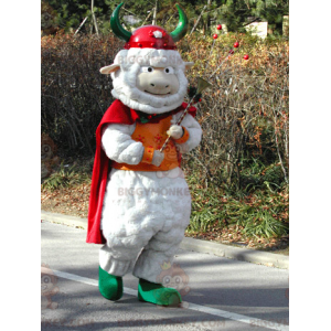 White Sheep BIGGYMONKEY™ Mascot Costume with Viking Cape and