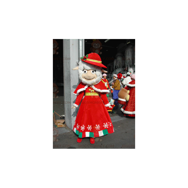 Costume da mascotte BIGGYMONKEY™ da pecora bianca vestito con