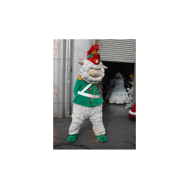 Valkoinen lammas BIGGYMONKEY™ maskottiasu korpraalin sotilaana Valkoinen lammas BIGGYMONKEY™ maskottiasu korpraalin sotilaana