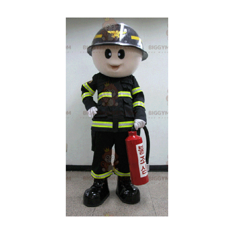Feuerwehrmann BIGGYMONKEY™ Maskottchenkostüm in schwarz-gelber Feuerwehrmann BIGGYMONKEY™ Maskottchenkostüm in schwarz-gelber