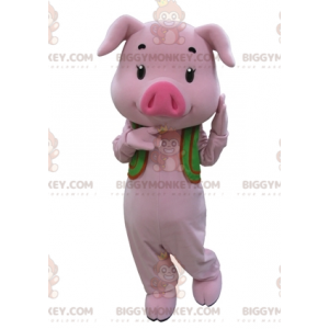 BIGGYMONKEY™ Mascot Costume Pink Pig With Green Vest -