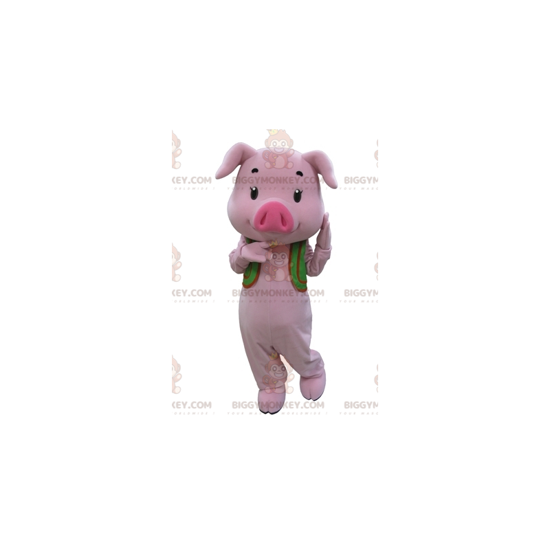 Disfraz de mascota BIGGYMONKEY™ Cerdo rosa con chaleco verde - Disfraz de mascota BIGGYMONKEY™ Cerdo rosa con chaleco verde -