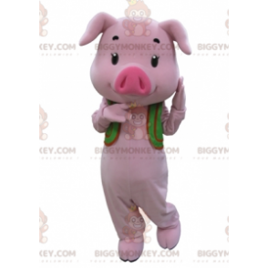 BIGGYMONKEY™ Maskotdräkt Rosa gris med grön väst - Gris maskot - BIGGYMONKEY_05282 - BiggyMonkey.com