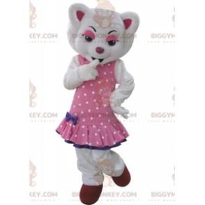 BIGGYMONKEY™ maskotkostume af hvid ulv klædt i pink prikket kjole - Uklassificerede maskoter - BiggyMonkey.com