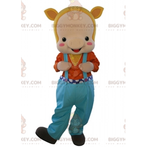 BIGGYMONKEY™ Mascot Costume Beige Pig Dressed In Overalls -