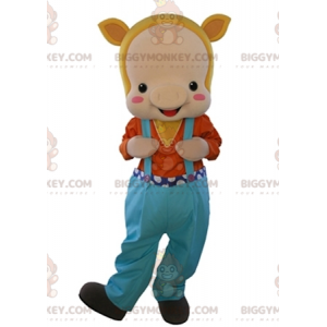 BIGGYMONKEY™ mascottekostuum beige varken gekleed in overall -