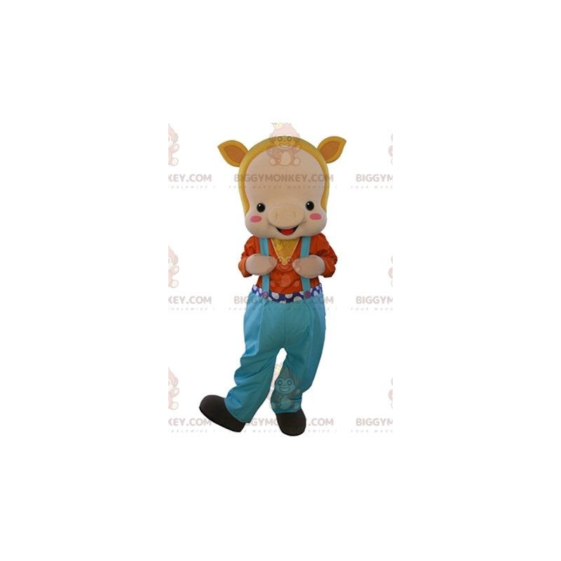 Disfraz de mascota BIGGYMONKEY™ Cerdo beige vestido con mono - Disfraz de mascota BIGGYMONKEY™ Cerdo beige vestido con mono -
