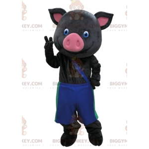BIGGYMONKEY™ Mascot Costume Black and Pink Pig with Blue Pants