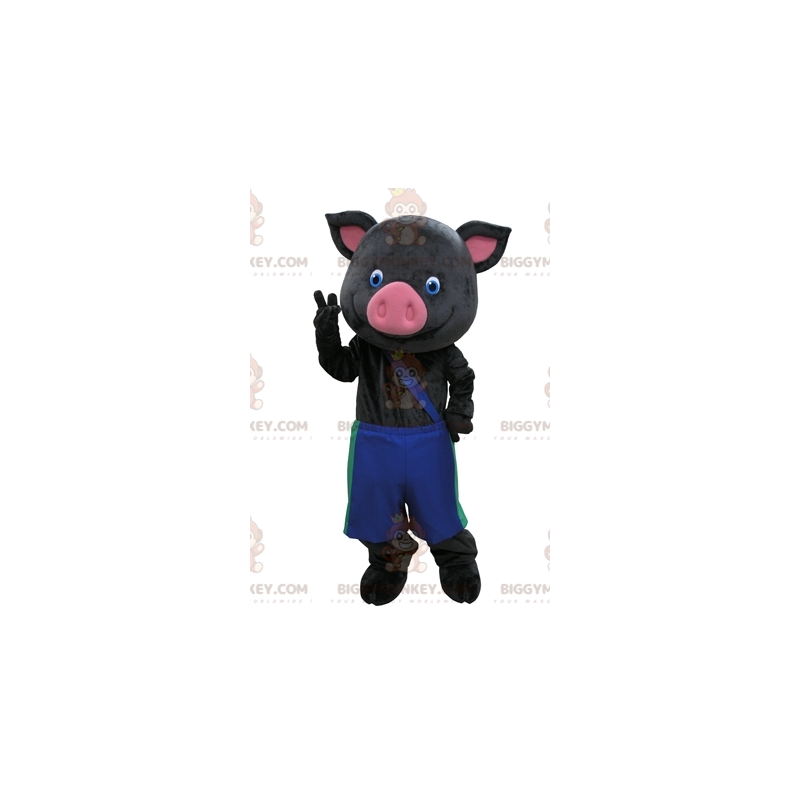 Costume de mascotte BIGGYMONKEY™ de cochon noir et rose avec un Costume de mascotte BIGGYMONKEY™ de cochon noir et rose avec un
