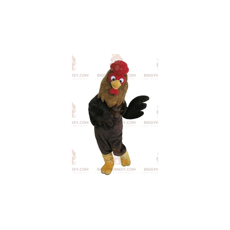Costume de mascotte BIGGYMONKEY™ de coq marron noir et rouge Costume de mascotte BIGGYMONKEY™ de coq marron noir et rouge