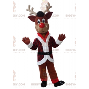 Vánoční kostým maskota soba BIGGYMONKEY™ v červenobílém outfitu