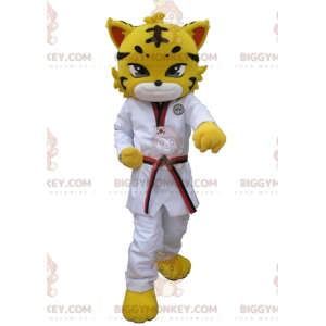 BIGGYMONKEY™ gul leopard tigermaskotkostume klædt i hvid kimono