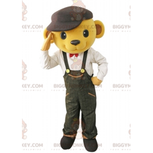 BIGGYMONKEY™ Gul björnmaskotdräkt klädd i overall med basker -