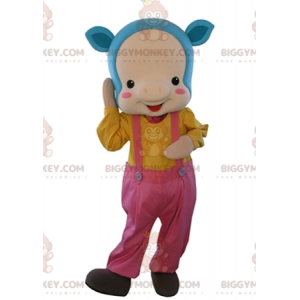 BIGGYMONKEY™ Mascot Costume Pink Pig with Blue Hair and