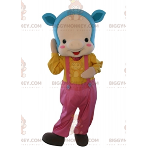BIGGYMONKEY™ mascottekostuum roze varken met blauw haar en